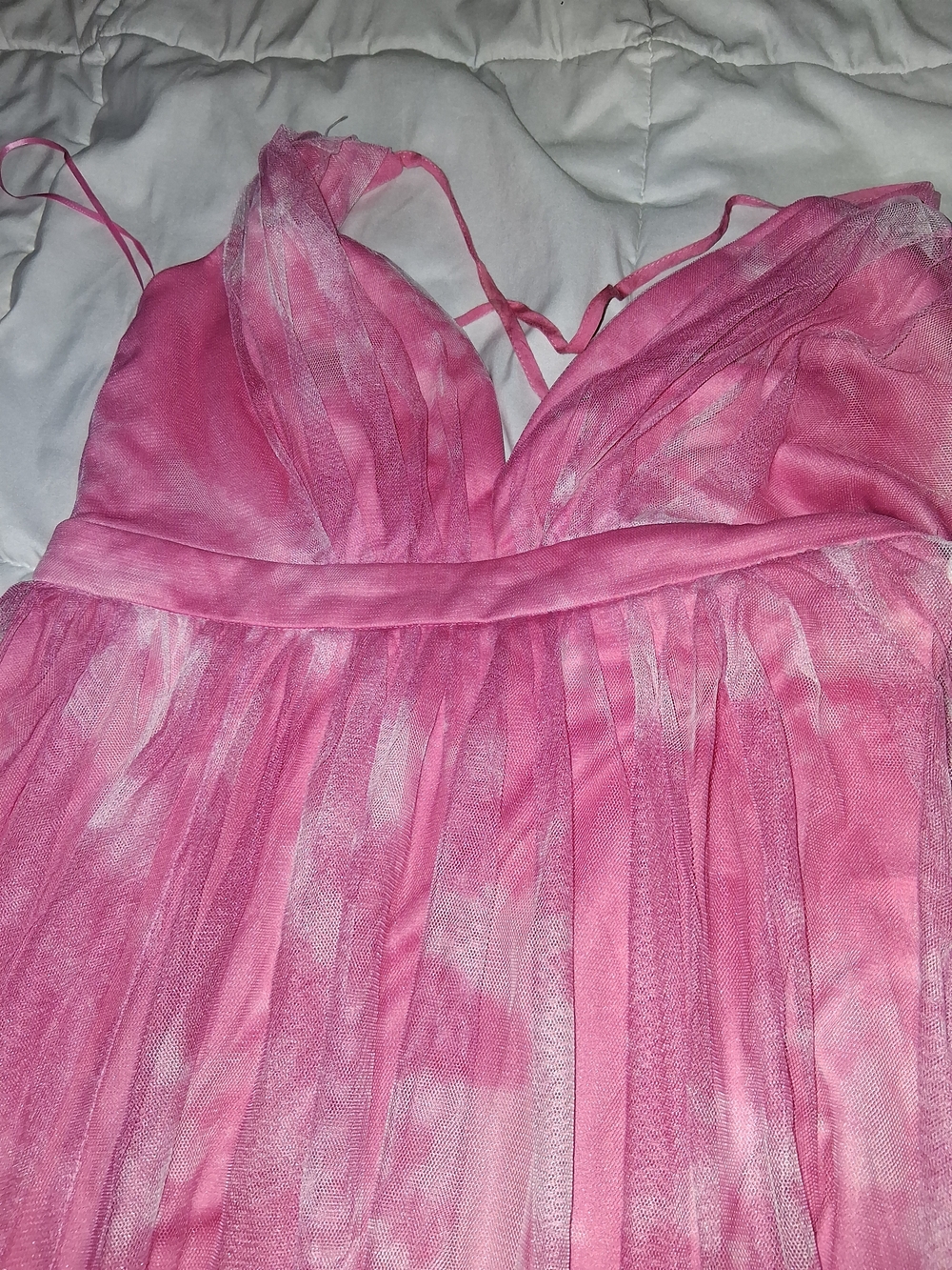 Pink Tulle Maxi Dress with Spaghetti Straps